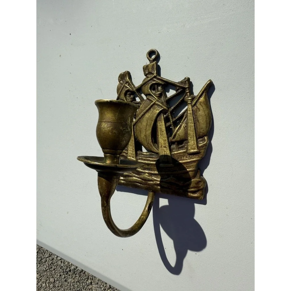 Vintage Brass Hanging Ship‎ Plaque Candle Holder Nautical